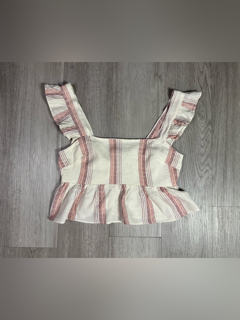 Liberty Love White Pink Stripe Off Shoulder Cropped Linen Sleeveless Top Medium.